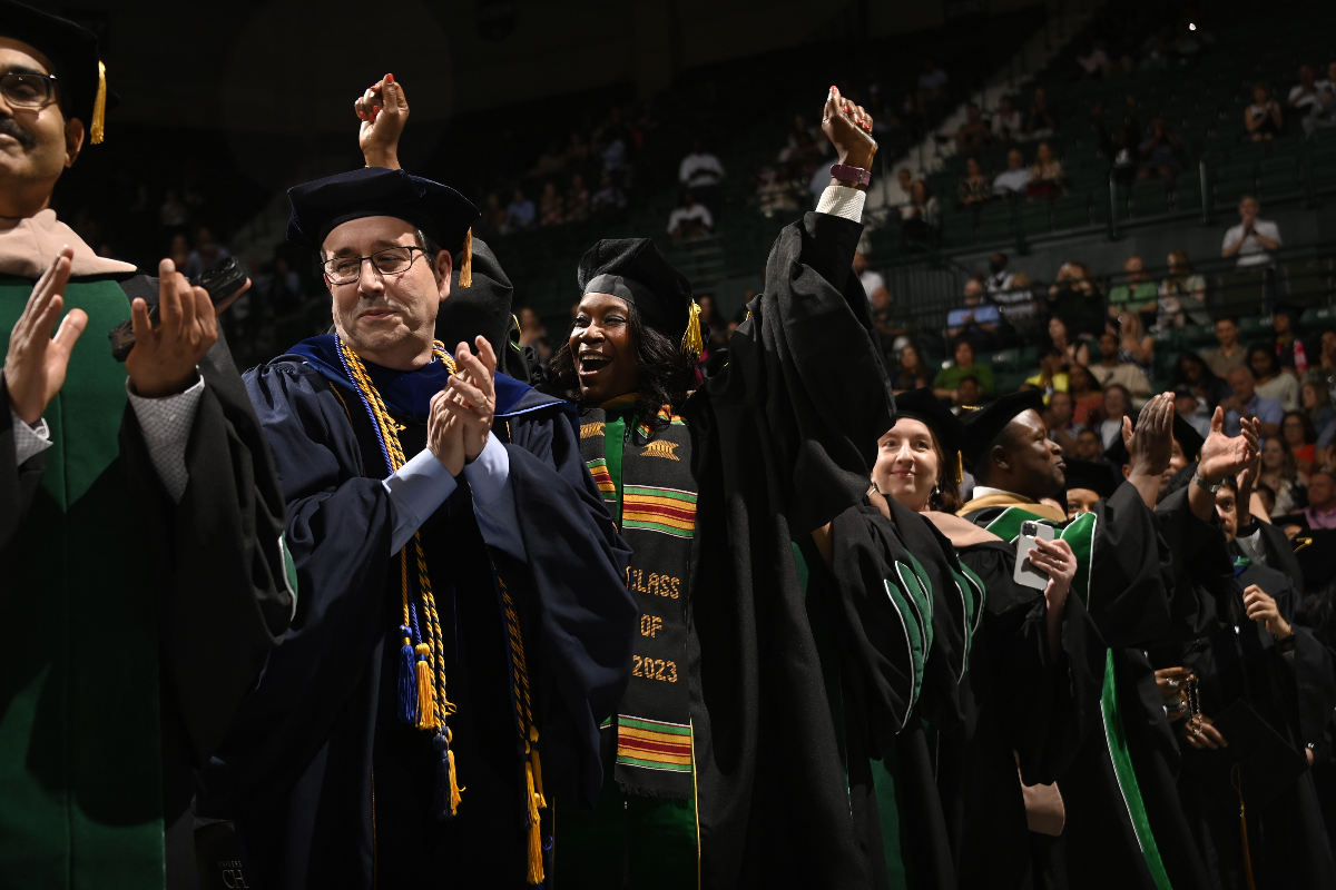 Doctoral students celebrate during commencement ceremony
